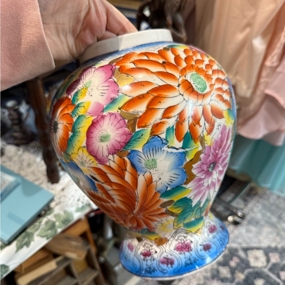 Colorful Floral Ceramic Asian Vase